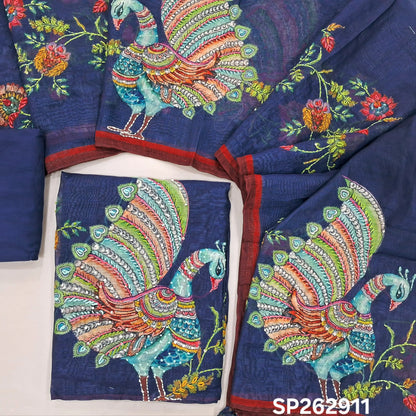 Dark blue premium linen salwar material,embroidery on yoke,kalamkari printed with embroidery on damn,(textured, lining needed)santoon bottom,digital printed with hand embroidery on  linen dupatta. SP262911