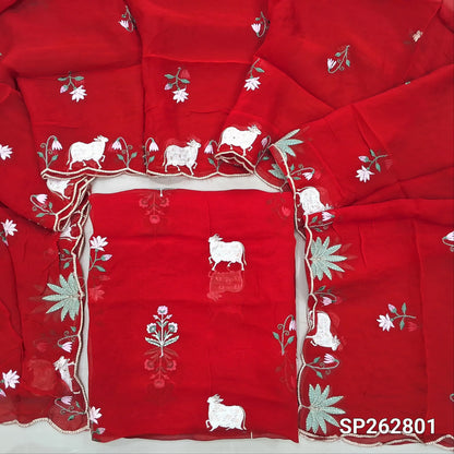 PREORDER SHIPPING AFTER 5 DAYS Red organza unstitched salwar material,pichwai and floral embroidery on front,(lightweight,lining needed)NO BOTTOM,floral embroidery on organza dupatta with picwai embroidery with scallop borders. SP262801