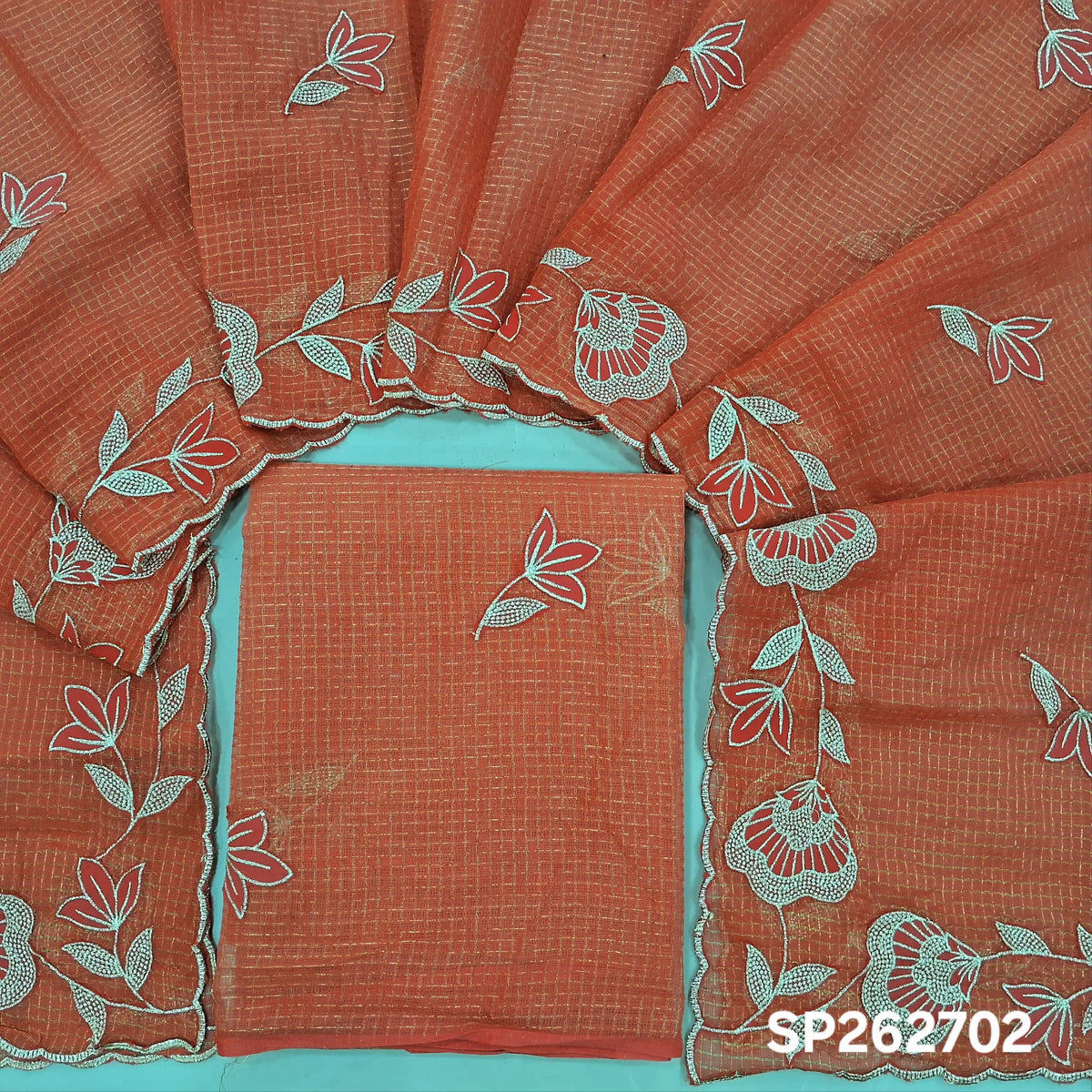 PRE ORDER SHIPPING AFTER 1 WEEK Peachish pink with golden tint tissue chanderi kota unstitched salwar material,applique work & zari checks all over, (lining needed)NO BOTTOM,applique work on tissue chanderi kota dupatta with rich borders. SP262702
