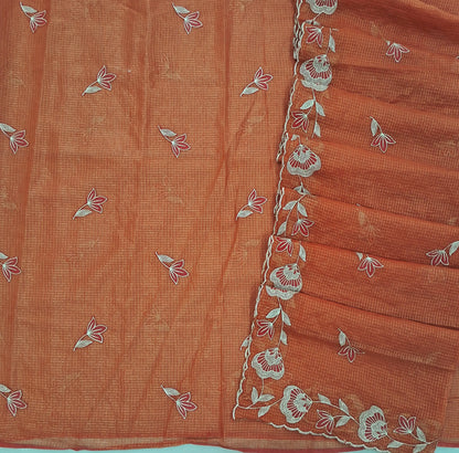 PRE ORDER SHIPPING AFTER 1 WEEK Peachish pink with golden tint tissue chanderi kota unstitched salwar material,applique work & zari checks all over, (lining needed)NO BOTTOM,applique work on tissue chanderi kota dupatta with rich borders. SP262702