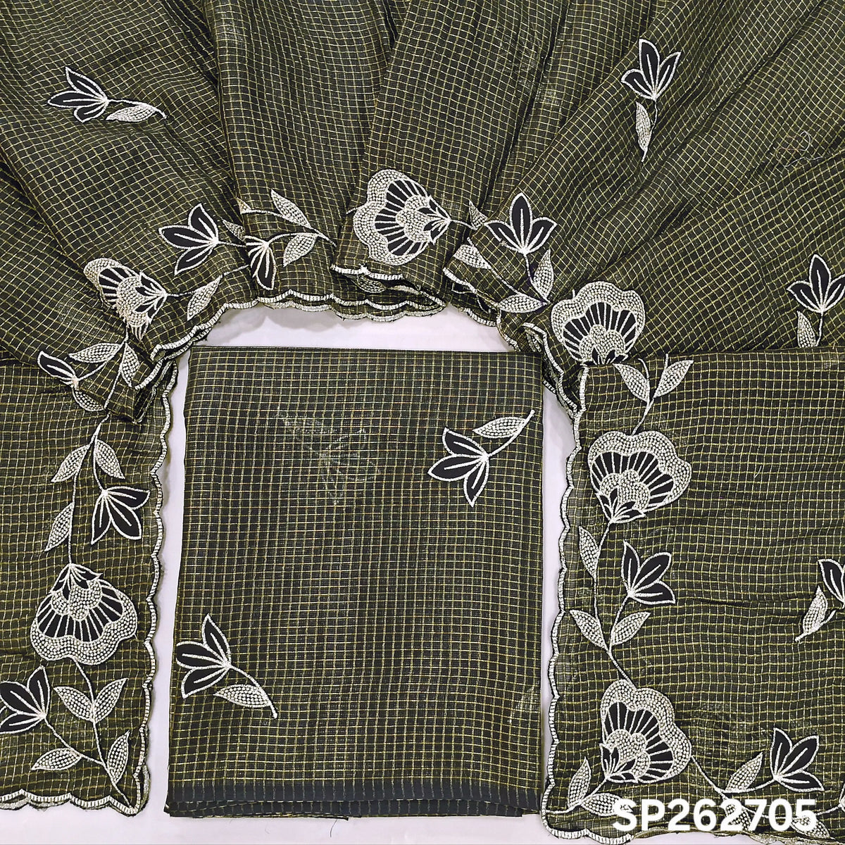 Black with golden tint tissue chanderi kota unstitched salwar material,applique work & zari checks all over, (lining needed)NO BOTTOM,applique work on tissue chanderi kota dupatta with rich borders. SP262705
