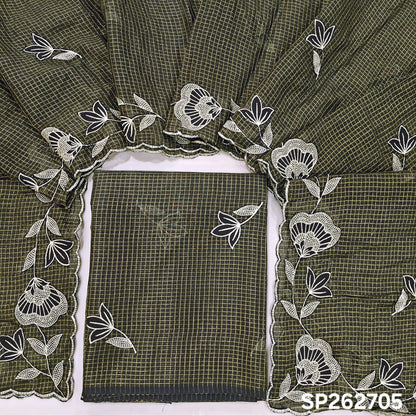 Black with golden tint tissue chanderi kota unstitched salwar material,applique work & zari checks all over, (lining needed)NO BOTTOM,applique work on tissue chanderi kota dupatta with rich borders. SP262705