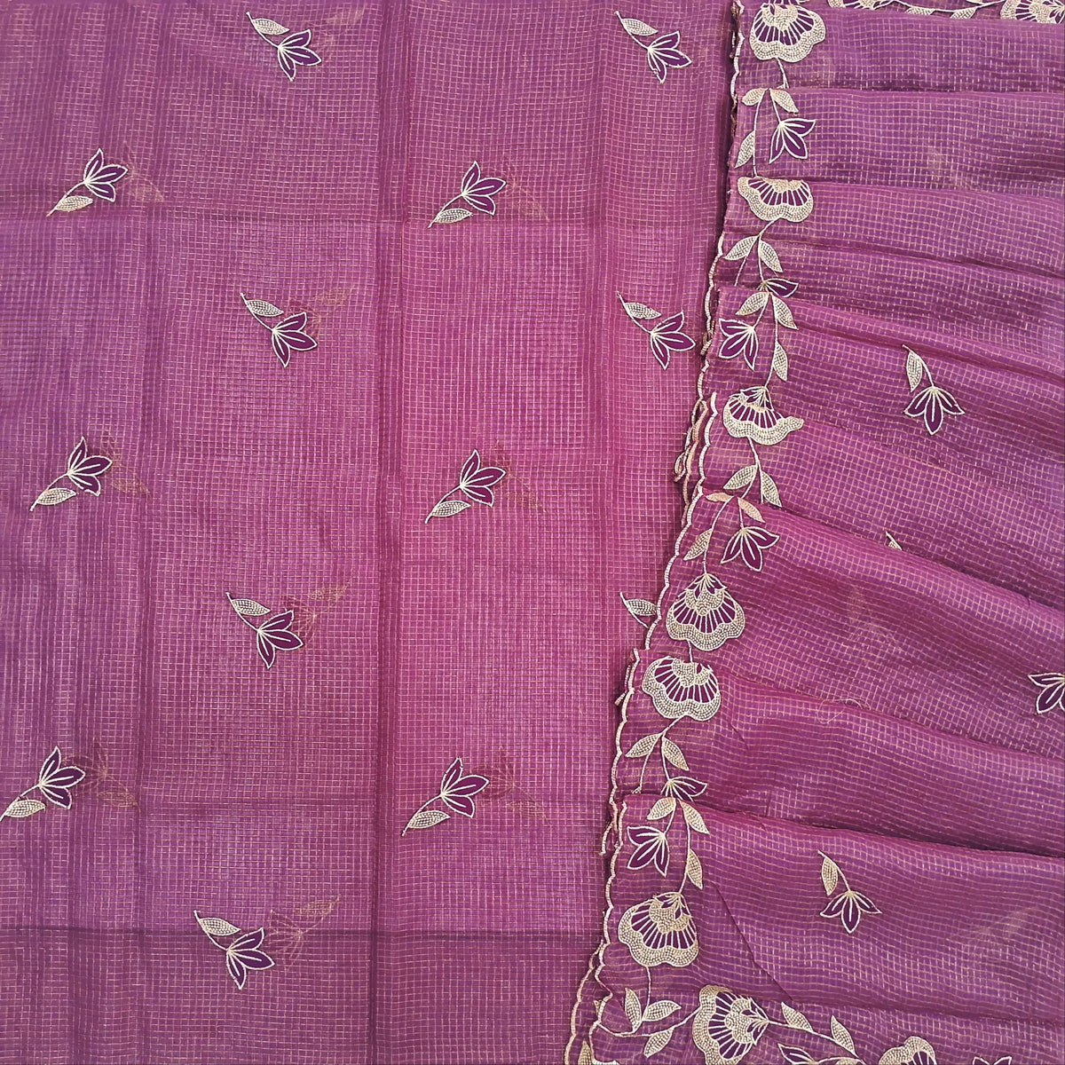 PRE ORDER SHIPPING AFTER 1 WEEK Purplish pink with golden tint tissue chanderi kota unstitched salwar material,applique work & zari checks all over, (lining needed)NO BOTTOM,applique work on tissue chanderi kota dupatta with rich borders. SP262704