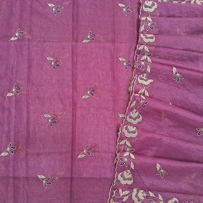 PRE ORDER SHIPPING AFTER 1 WEEK Purplish pink with golden tint tissue chanderi kota unstitched salwar material,applique work & zari checks all over, (lining needed)NO BOTTOM,applique work on tissue chanderi kota dupatta with rich borders. SP262704