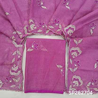 PRE ORDER SHIPPING AFTER 1 WEEK Purplish pink with golden tint tissue chanderi kota unstitched salwar material,applique work & zari checks all over, (lining needed)NO BOTTOM,applique work on tissue chanderi kota dupatta with rich borders. SP262704