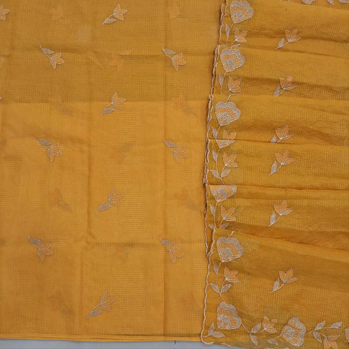 PRE ORDER SHIPPING AFTER 1 WEEK Yellow with golden tint tissue chanderi kota unstitched salwar material,applique work & zari checks all over, (lining needed)NO BOTTOM,applique work on tissue chanderi kota dupatta with rich borders. SP262703