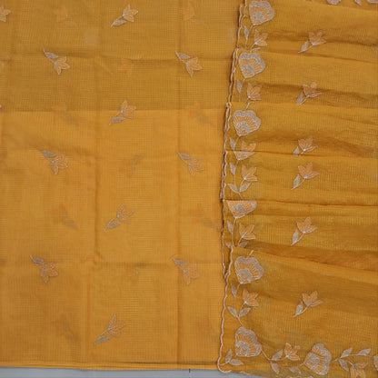 PRE ORDER SHIPPING AFTER 1 WEEK Yellow with golden tint tissue chanderi kota unstitched salwar material,applique work & zari checks all over, (lining needed)NO BOTTOM,applique work on tissue chanderi kota dupatta with rich borders. SP262703