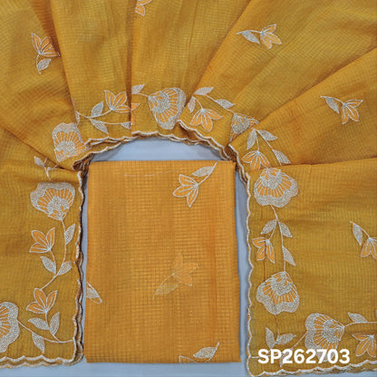 PRE ORDER SHIPPING AFTER 1 WEEK Yellow with golden tint tissue chanderi kota unstitched salwar material,applique work & zari checks all over, (lining needed)NO BOTTOM,applique work on tissue chanderi kota dupatta with rich borders. SP262703