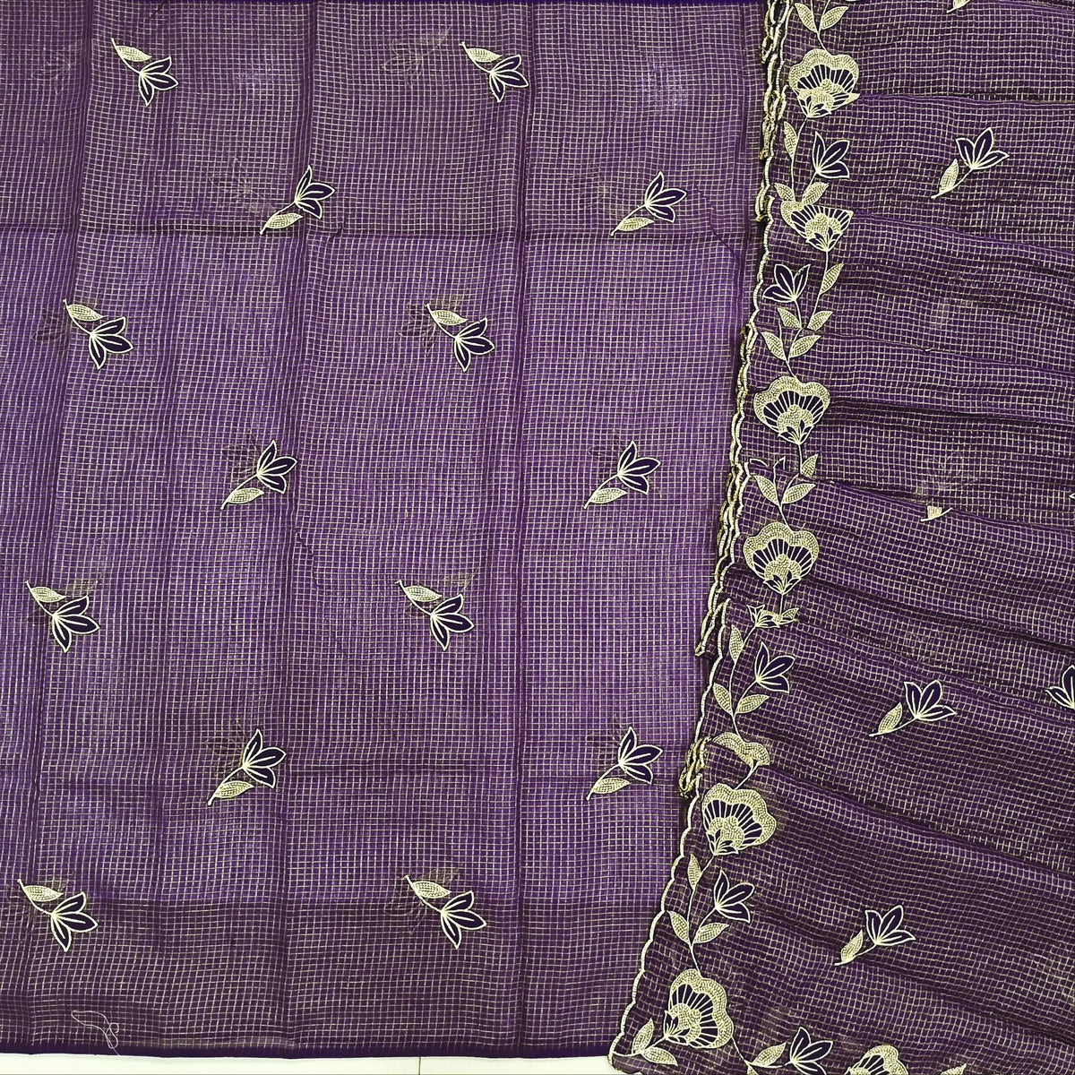 PRE ORDER SHIPPING AFTER 1 WEEK Purple with golden tint tissue chanderi kota unstitched salwar material,applique work & zari checks all over, (lining needed)NO BOTTOM,applique work on tissue chanderi kota dupatta with rich borders. SP262701