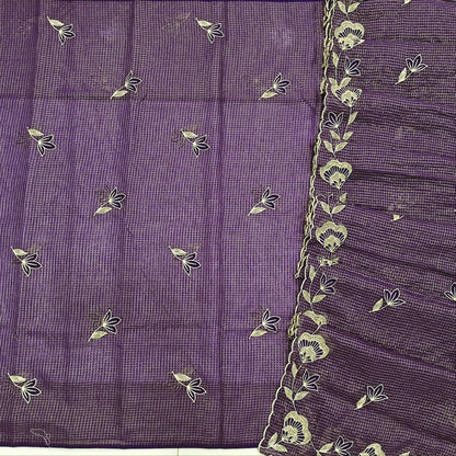 PRE ORDER SHIPPING AFTER 1 WEEK Purple with golden tint tissue chanderi kota unstitched salwar material,applique work & zari checks all over, (lining needed)NO BOTTOM,applique work on tissue chanderi kota dupatta with rich borders. SP262701