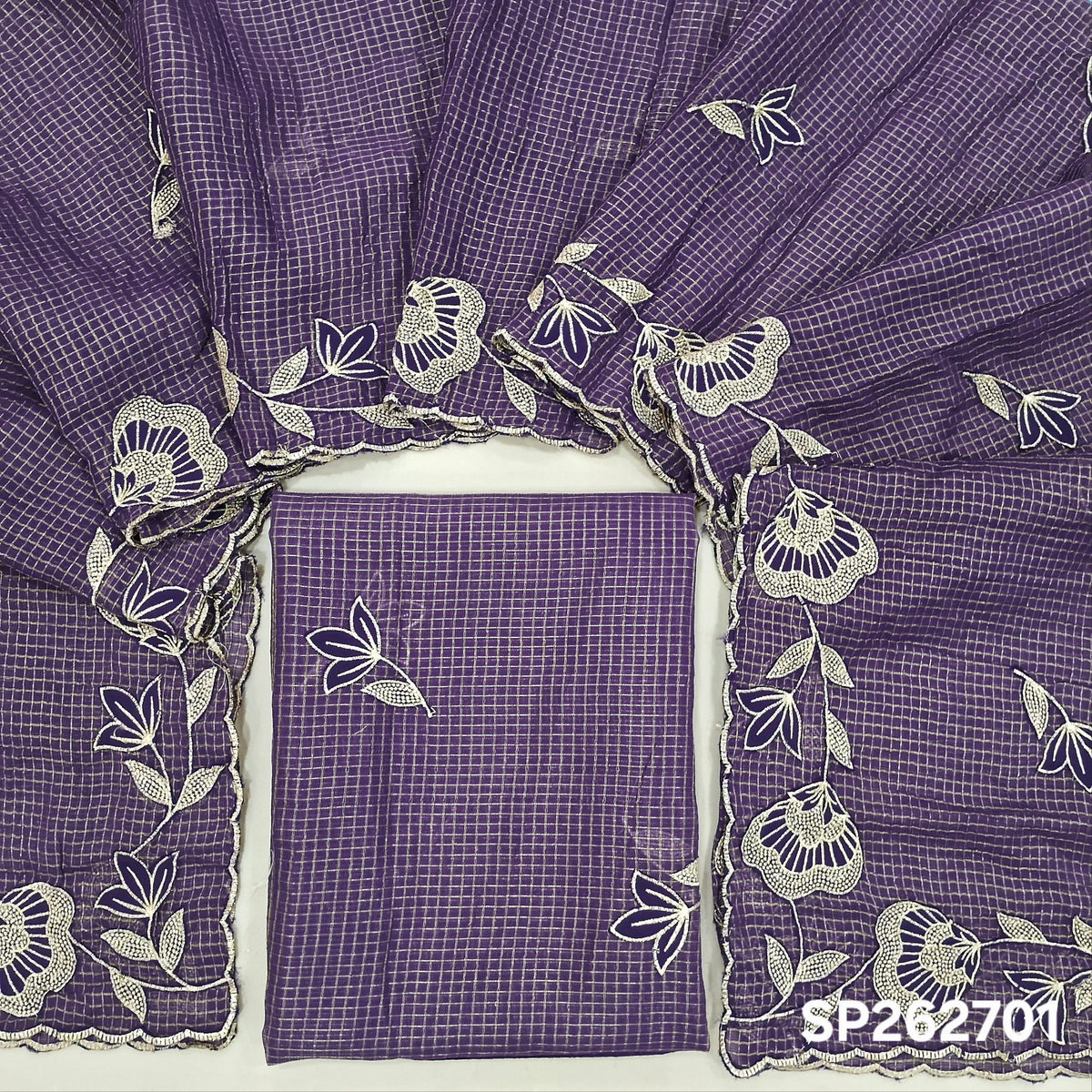PRE ORDER SHIPPING AFTER 1 WEEK Purple with golden tint tissue chanderi kota unstitched salwar material,applique work & zari checks all over, (lining needed)NO BOTTOM,applique work on tissue chanderi kota dupatta with rich borders. SP262701