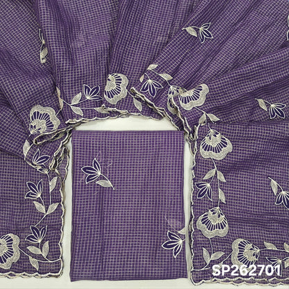 PRE ORDER SHIPPING AFTER 1 WEEK Purple with golden tint tissue chanderi kota unstitched salwar material,applique work & zari checks all over, (lining needed)NO BOTTOM,applique work on tissue chanderi kota dupatta with rich borders. SP262701