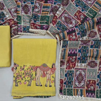 Pastel yellow mul chanderi unstitched salwar material,printed taping & tassles on yoke,camel design with embroidery work on daman,( lining needed)silk cotton bottom, multicoloured digital printed crinkled chinon silk dupatta with lace tapping. SP262715