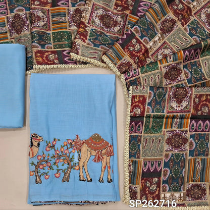 Powder blue mul chanderi unstitched salwar material,printed taping & tassles on yoke,camel design with embroidery work on daman,( lining needed)silk cotton bottom, multicoloured digital printed crinkled chinon silk dupatta with lace tapping. SP262716