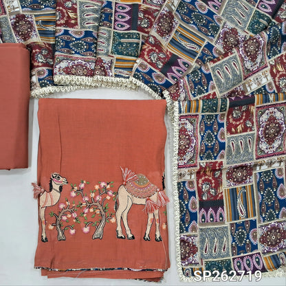 Dark onion pink mul chanderi unstitched salwar material,printed taping & tassles on yoke,camel design with embroidery work on daman,( lining needed)silk cotton bottom, multicoloured digital printed crinkled chinon silk dupatta with lace tapping. SP262719