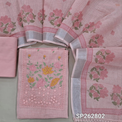 Pastel pink premium semi linen unstitched salwar material,thread embroidery work on yoke, floral printed on daman(lining needed) cotton bottom,floral printed premium semi linen dupatta with silver tissue borders. SP262802