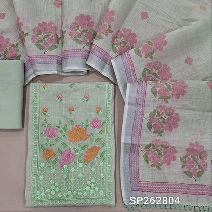 Pastel green premium semi linen unstitched salwar material,thread embroidery work on yoke, floral printed on daman(lining needed) cotton bottom,floral printed premium semi linen dupatta with silver tissue borders. SP262804