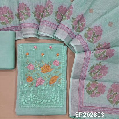 Pastel blue premium semi linen unstitched salwar material,thread embroidery work on yoke, floral printed on daman(lining needed) cotton bottom,floral printed premium semi linen dupatta with silver tissue borders. SP262803