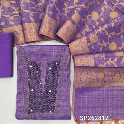 Purple with golden tint tissue silk cotton unstitched salwar material,sugar bead and sequins on yoke,(lining needed)silk cotton bottom,zari weaving on tissue silk cotton dupatta with borders. SP262812