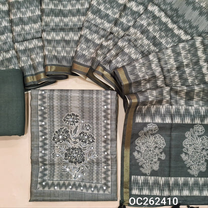 Grey semi gicha unstitched salwar material, floral design with faux miror and thread work on yoke,(thin fabric, lining needed)spun cotton bottom, digital printed semi gicha dupatta with tissue borders. OC262410