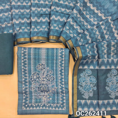 Blue semi gicha unstitched salwar material, floral design with faux miror and thread work on yoke,(thin fabric, lining needed)spun cotton bottom, digital printed semi gicha dupatta with tissue borders. OC262411