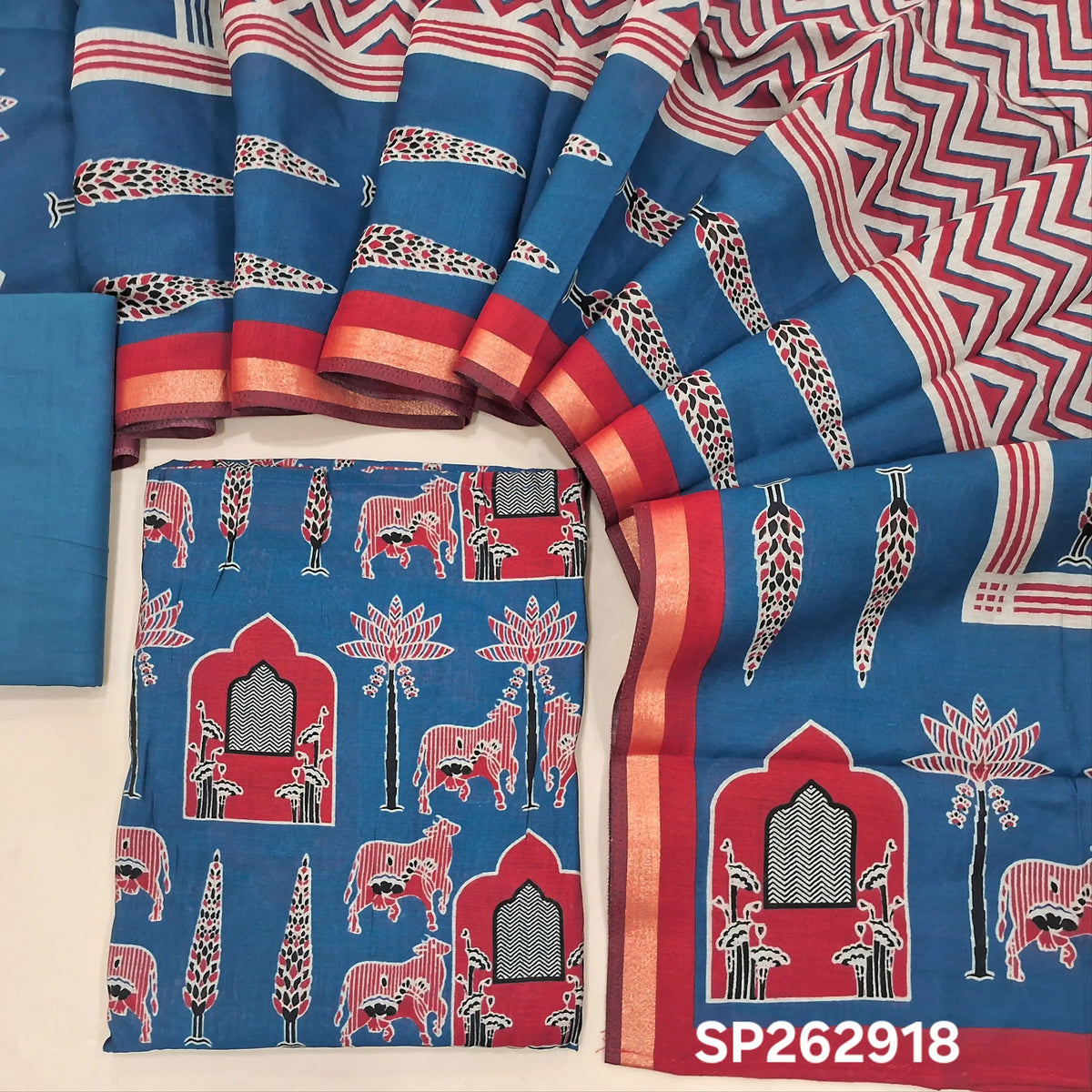 Dark blue silk cotton unstitched salwar material,pichwai printed all over,(lining needed)cotton bottom,printed full length silk cotton dupatta with pallu & zari borders. SP262918