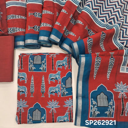 Reddish maroon silk cotton unstitched salwar material,pichwai printed all over,(lining needed)cotton bottom,printed full length silk cotton dupatta with pallu & zari borders. SP262921