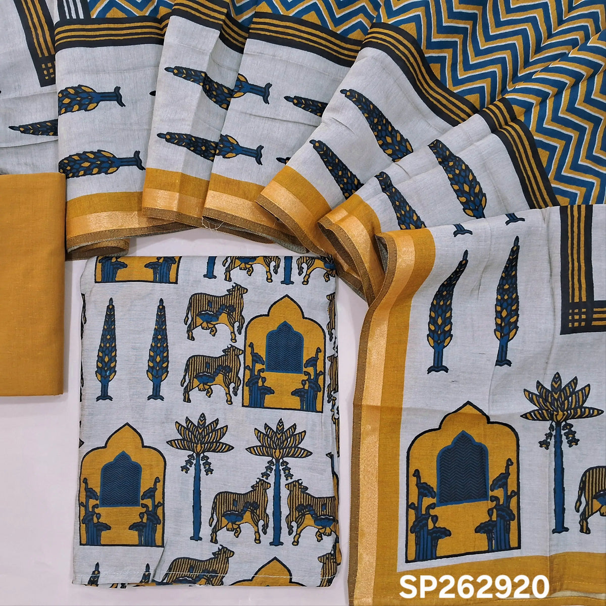 Light grey silk cotton unstitched salwar material,pichwai printed all over,(lining needed)mehandhi yellow cotton bottom,printed full length silk cotton dupatta with pallu & zari borders. SP262920