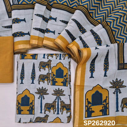 Light grey silk cotton unstitched salwar material,pichwai printed all over,(lining needed)mehandhi yellow cotton bottom,printed full length silk cotton dupatta with pallu & zari borders. SP262920