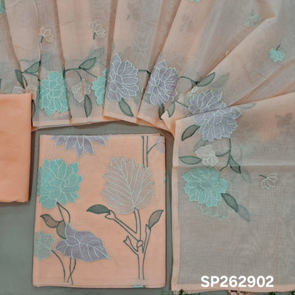 Light peachish pink premium chanderi silk cotton unstitched salwar material,embroidery work on front, rich daman,(lining needed)silk cotton bottom, embroidery on chanderi silk cotton dupatta with rich floral design borders & tassles. SP262902