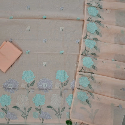 Light peachish pink premium chanderi silk cotton unstitched salwar material,embroidery work on front, rich daman,(lining needed)silk cotton bottom, embroidery on chanderi silk cotton dupatta with rich floral design borders & tassles. SP262902