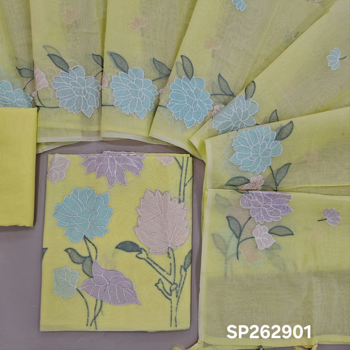 Yellowish green premium chanderi silk cotton unstitched salwar material,embroidery work on front, rich daman,(lining needed)silk cotton bottom, embroidery on chanderi silk cotton dupatta with rich floral design borders & tassles. SP262901