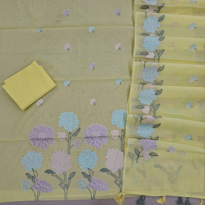 Yellowish green premium chanderi silk cotton unstitched salwar material,embroidery work on front, rich daman,(lining needed)silk cotton bottom, embroidery on chanderi silk cotton dupatta with rich floral design borders & tassles. SP262901