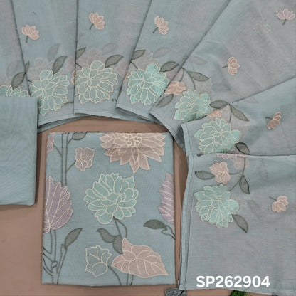 Powder blue premium chanderi silk cotton unstitched salwar material,embroidery work on front, rich daman,(lining needed)silk cotton bottom, embroidery on chanderi silk cotton dupatta with rich floral design borders & tassles. SP262904