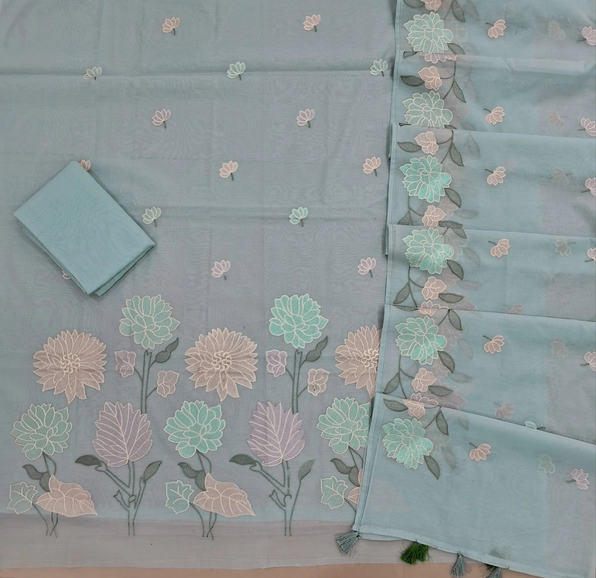 Powder blue premium chanderi silk cotton unstitched salwar material,embroidery work on front, rich daman,(lining needed)silk cotton bottom, embroidery on chanderi silk cotton dupatta with rich floral design borders & tassles. SP262904