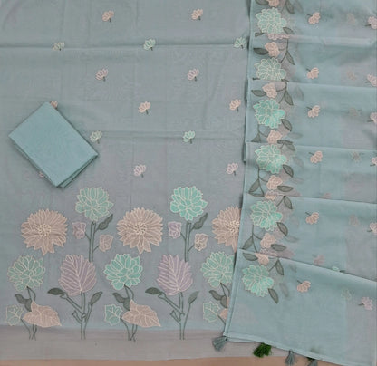 Powder blue premium chanderi silk cotton unstitched salwar material,embroidery work on front, rich daman,(lining needed)silk cotton bottom, embroidery on chanderi silk cotton dupatta with rich floral design borders & tassles. SP262904