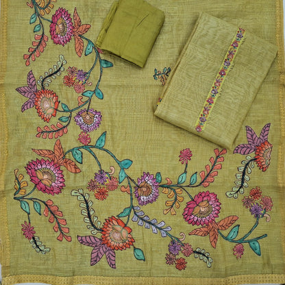 Pastel green with golden tint pure tissue linen unstitched salwar material,floral design with french knot & sequins work on yoke ( light weight,lining needed)santoon bottom,applique work on pure tissue linen dupatta with zari woven borders. SP262807