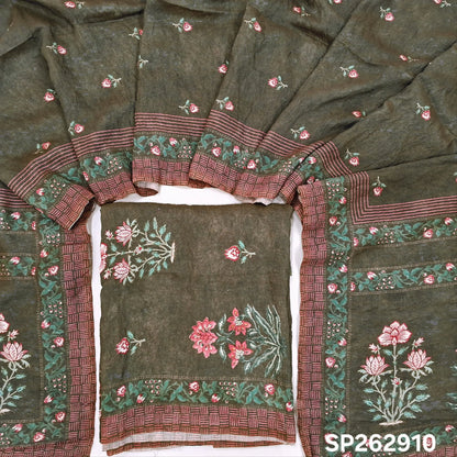 Dark olive green digital printed mogra chanderi unstitched salwar material (Crinkled, Lining Needed) No Bottom, digital printed mogra chanderi dupatta. SP262910