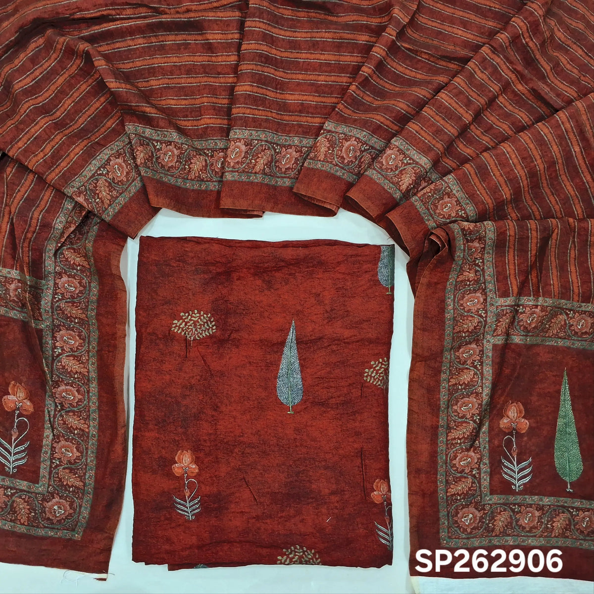 Maroon digital printed mogra chanderi unstitched salwar material (Crinkled, Lining Needed) No Bottom, digital printed mogra chanderi dupatta. SP262906