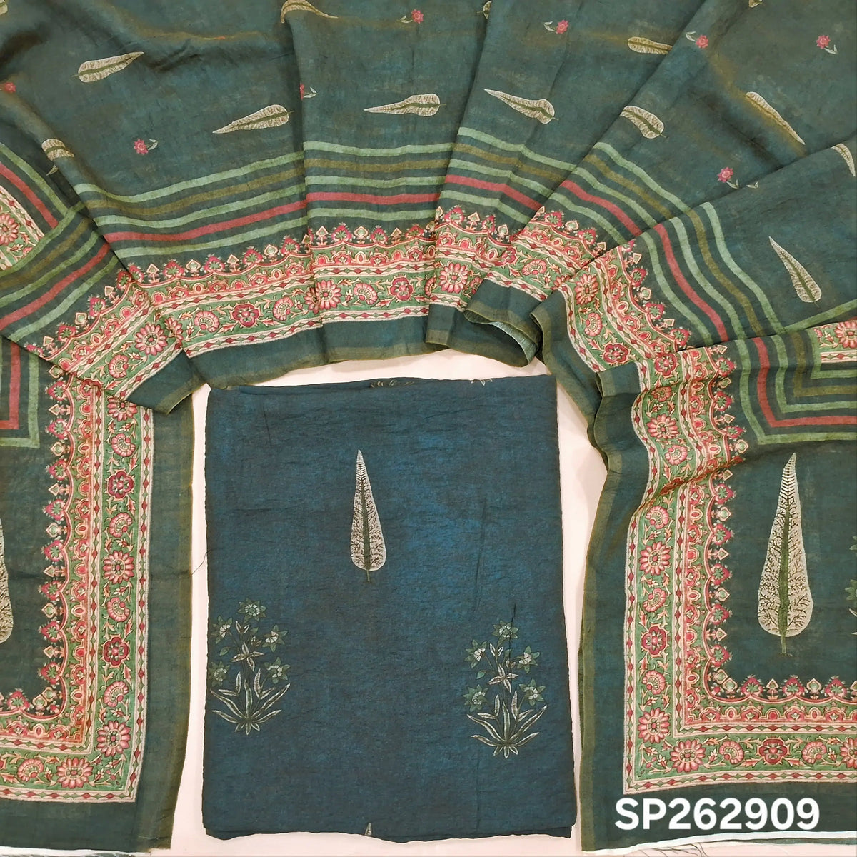 Dark teal blue digital printed mogra chanderi unstitched salwar material (Crinkled, Lining Needed) No Bottom, digital printed mogra chanderi dupatta. SP262909