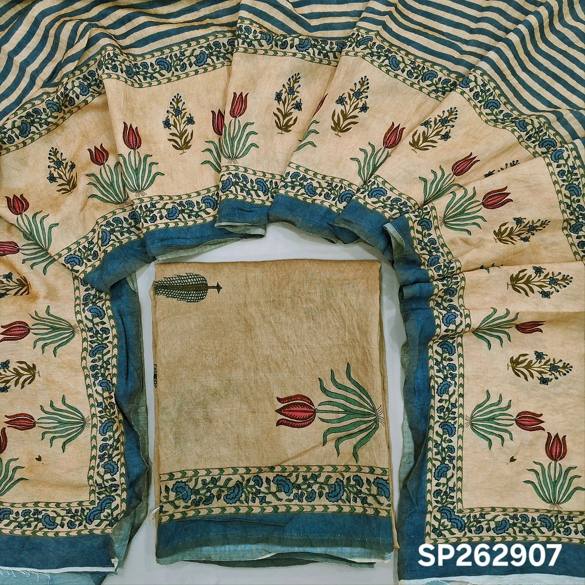 Rich beige digital printed mogra chanderi unstitched salwar material (Crinkled, Lining Needed) No Bottom, digital printed mogra chanderi dupatta. SP262907