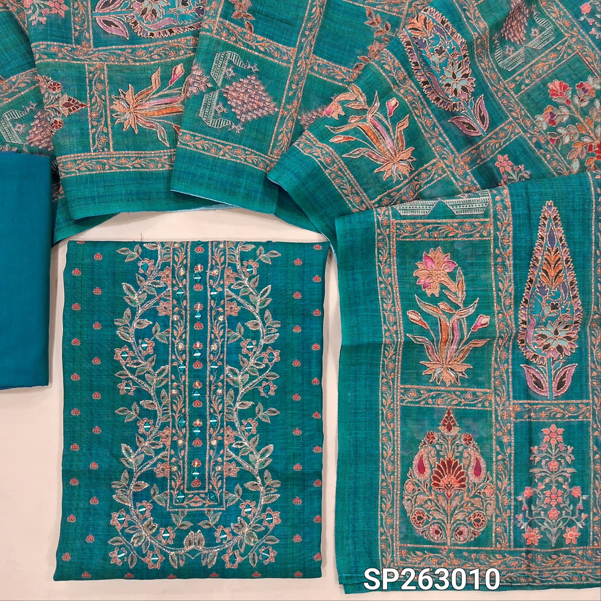 PREORDER SHIPPING AFTER 10 DAYS Blue & green shaded semi linen unstitched salwar material,floral design with zari and mirror on yoke, floral printed all over, rich daman, (Lining Needed)silk cotton bottom, digital printed semi linen dupatta. SP263010