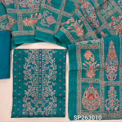 PREORDER SHIPPING AFTER 10 DAYS Blue & green shaded semi linen unstitched salwar material,floral design with zari and mirror on yoke, floral printed all over, rich daman, (Lining Needed)silk cotton bottom, digital printed semi linen dupatta. SP263010