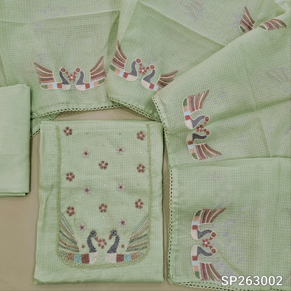 Pastel green kota unstitched salwar material,embroidery work with bead work ,lace detailing  and thread work on yoke,(Lining Needed)spun cotton bottom, embroidery work on kota dupatta. SP263002