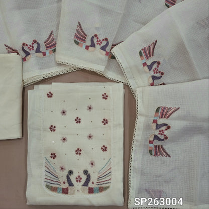 Off white kota unstitched salwar material,embroidery work with bead work ,lace detailing  and thread work on yoke,(Lining Needed)spun cotton bottom, embroidery work on kota dupatta. SP263004
