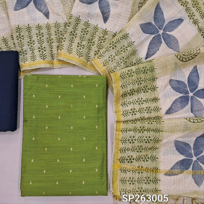 Leafy green slub silk cotton unstitched salwar material, thread woven buttas on front,(lining needed)dark blue cotton bottom,hand block printed kota silk cotton dupatta with tissue borders. SP263005