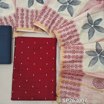 Reddish maroon slub silk cotton unstitched salwar material, thread woven buttas on front,(lining needed)dark grey cotton bottom,hand block printed kota silk cotton dupatta with tissue borders. SP263007