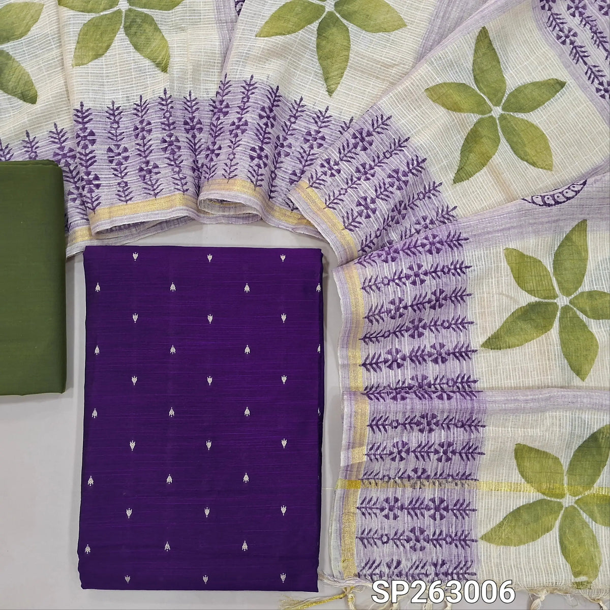 Violet slub silk cotton unstitched salwar material, thread woven buttas on front,(lining needed)green cotton bottom,hand block printed kota silk cotton dupatta with tissue borders. SP263006