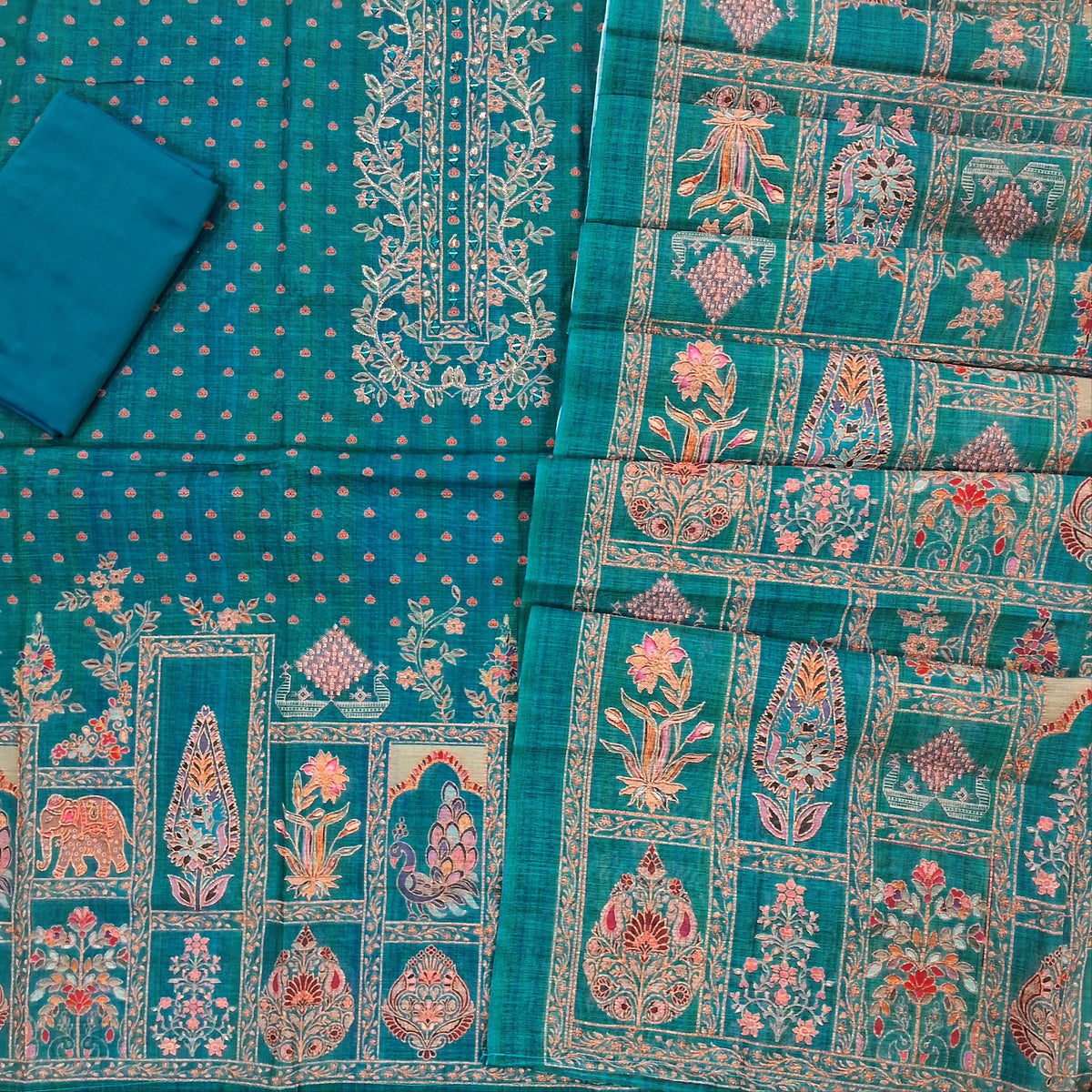 PREORDER SHIPPING AFTER 10 DAYS Blue & green shaded semi linen unstitched salwar material,floral design with zari and mirror on yoke, floral printed all over, rich daman, (Lining Needed)silk cotton bottom, digital printed semi linen dupatta. SP263010