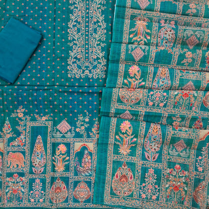 PREORDER SHIPPING AFTER 10 DAYS Blue & green shaded semi linen unstitched salwar material,floral design with zari and mirror on yoke, floral printed all over, rich daman, (Lining Needed)silk cotton bottom, digital printed semi linen dupatta. SP263010